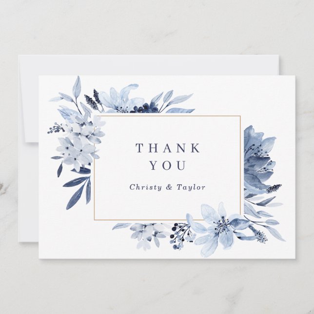 Modern Navy Blue Watercolor Floral Thank You Card (Front)