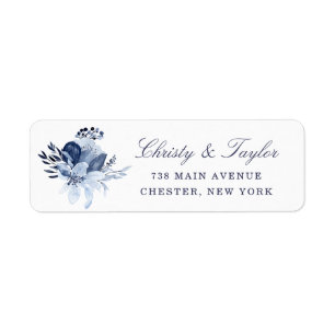 Modern Navy Blue Watercolor Floral Wedding Address