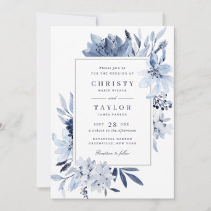 Modern Navy Blue Watercolor Floral Wedding Invitation