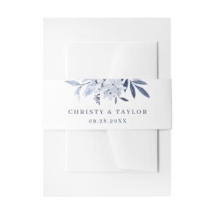 Modern Navy Blue Watercolor Floral Wedding Invitation Belly Band