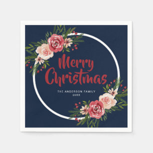 Modern Navy Blue Watercolor Flowers Christmas Napkin