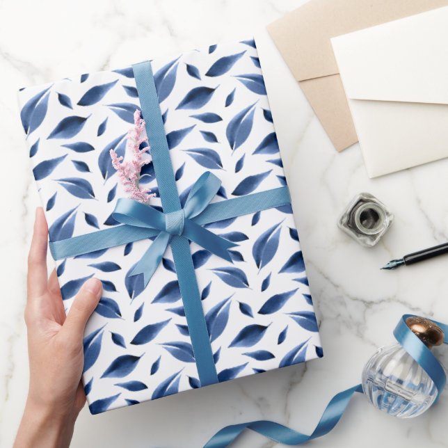 Modern Navy Blue Watercolor Leaves Pattern Wrapping Paper (Gifting)