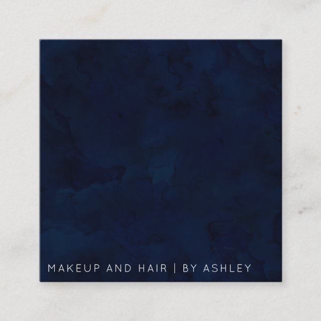 Modern navy blue watercolor makeup professional square business card (Front)