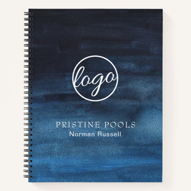 Modern Navy Blue Watercolor Wash Business Logo Notebook (Front)