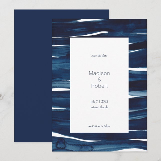 Modern Navy Blue Watercolor Waves Save the Date Invitation (Front/Back)