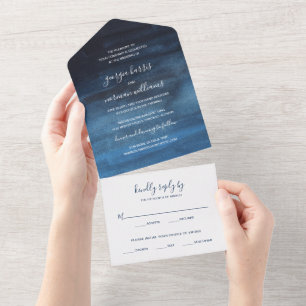 Modern Navy Blue Watercolor Wedding All In One Inv Invitation