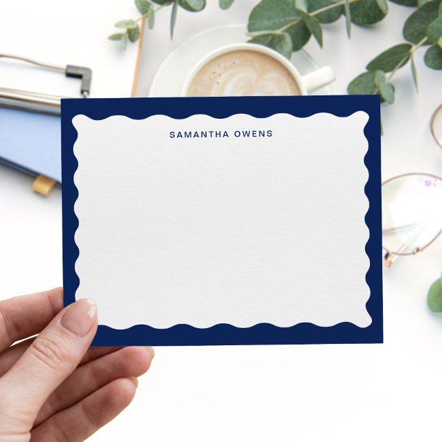 Modern Navy Blue Wavy Border Monogram Card (Creator Uploaded)