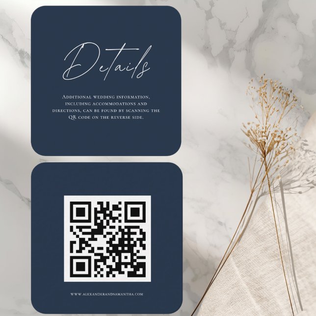 Modern Navy Blue Wedding Details Card with QR Code (Creator Uploaded)