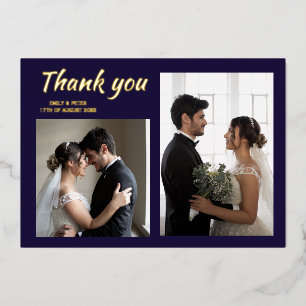 Modern navy blue wedding foil photo thank you card