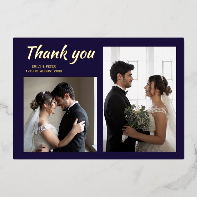 Modern navy blue wedding foil photo thank you card (Front)