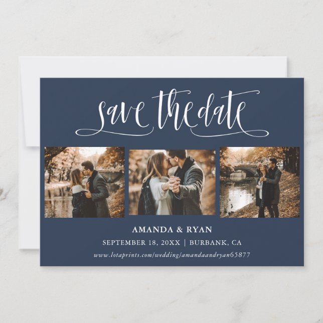 Modern Navy Blue Wedding Photo Save The Date (Front)