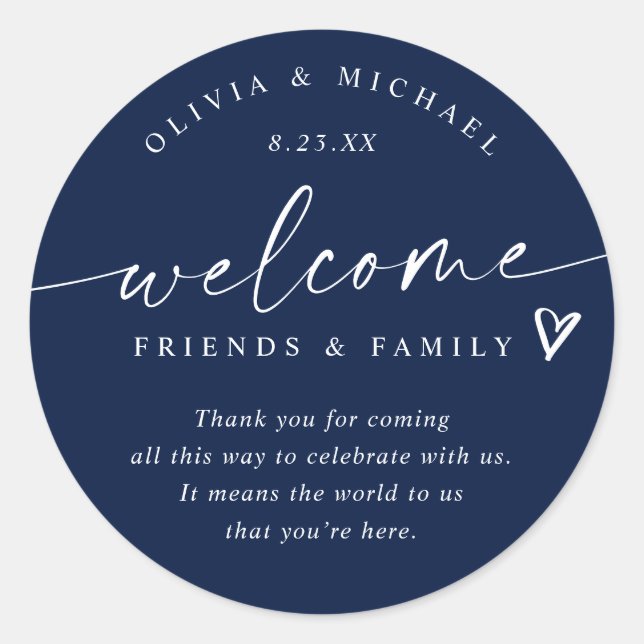 Modern Navy Blue Wedding Welcome Hotel Bag Classic Round Sticker (Front)