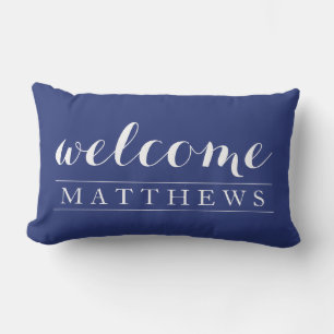 Modern navy blue Welcome Home Custom Last Name Lumbar Pillow