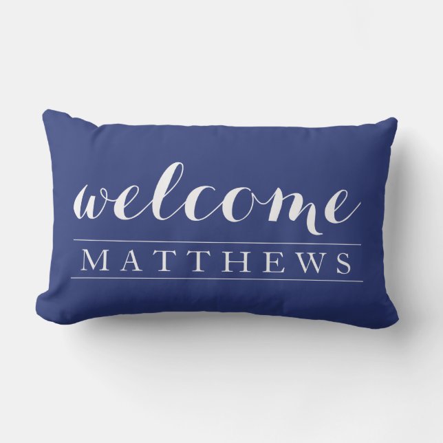 Modern navy blue Welcome Home Custom Last Name Lumbar Pillow (Front)