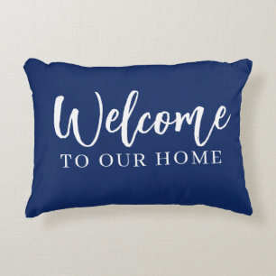 Modern Navy Blue "Welcome To Our Home" Lumbar  Accent Pillow