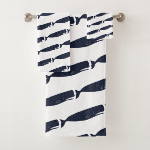 Modern Navy Blue Whales Bath Towel Set
