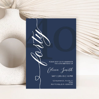 Modern Navy Blue & White 40th Birthday Party Invitation