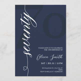 Modern Navy Blue & White 70th Birthday Party Invitation