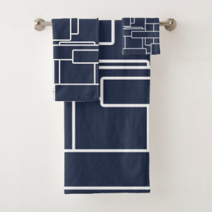 Modern Navy Blue & White Abstract Geometric Bath Towel Set