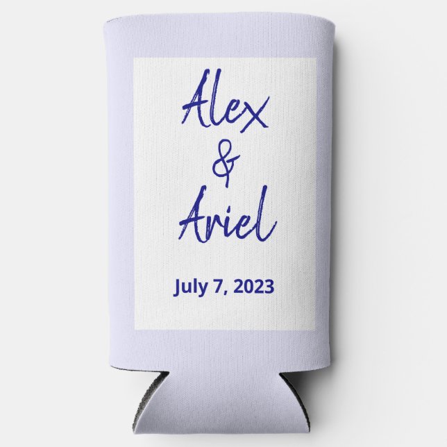 Modern Navy Blue, White, and Lavender Wedding Seltzer Can Cooler (Front)