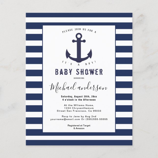 Modern Navy Blue White Boy baby shower invitation Flyer (Front)