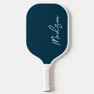 Modern Navy Blue White Chic Script Monogram Name Pickleball Paddle