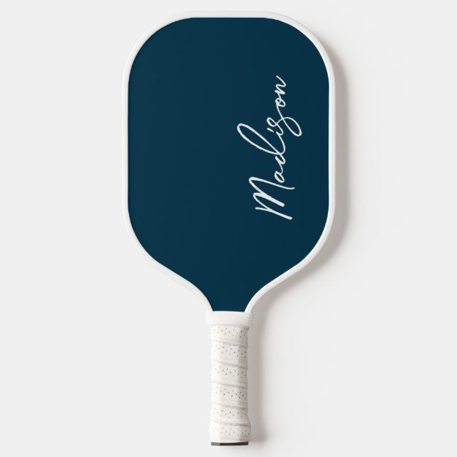 Modern Navy Blue White Chic Script Monogram Name Pickleball Paddle (Front)