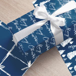 Modern Navy Blue & White Christmas Tree & Ribbon Wrapping Paper Sheet<br><div class="desc">Simple,  modern navy blue and white gift wrapping paper sheets,  featuring the words "Merry Christmas" in an elegant handwritten script,  a pattern with Christmas trees,  and a pattern with bows and ribbons.</div>