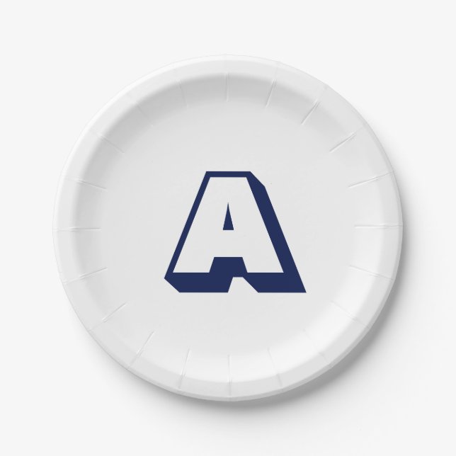 Modern navy blue white Custom initial monogram Paper Plate (Front)