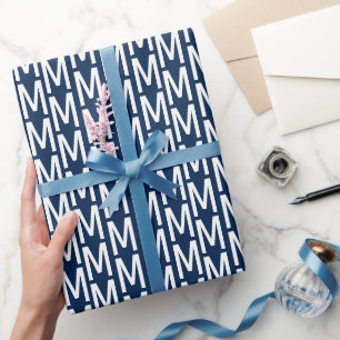Modern navy blue white custom monogram birthday wrapping paper