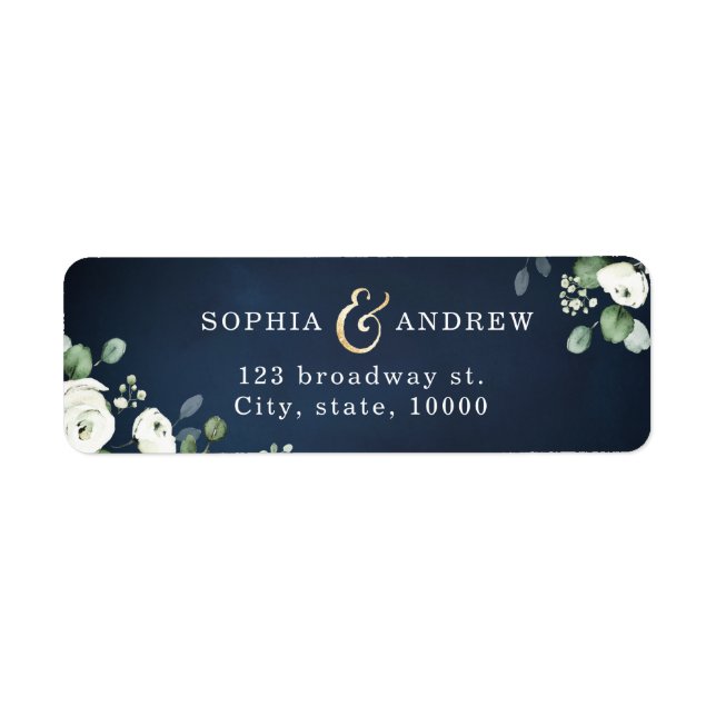 Modern navy blue white floral return address label (Front)