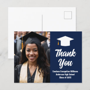 Modern Navy Blue White Graduation Photo Thank You Postcard