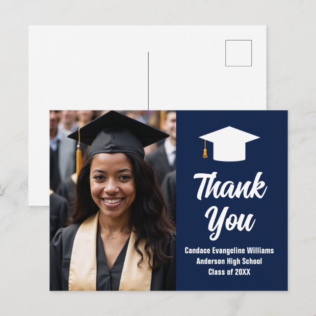 Modern Navy Blue White Graduation Photo Thank You Postcard (Front/Back)