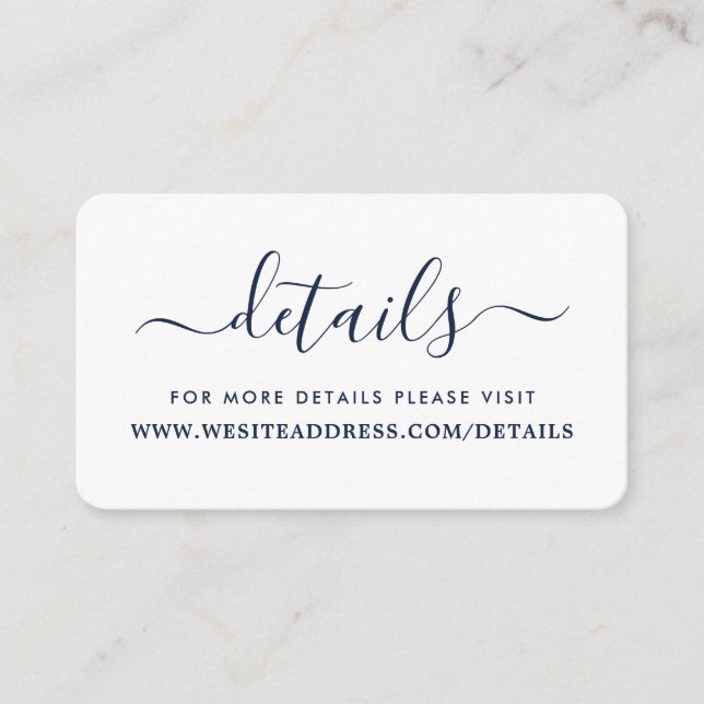 Modern Navy Blue & White Simple Script Details Enclosure Card (Front)