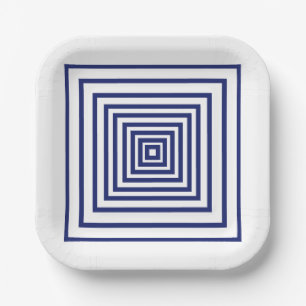 Modern navy blue white squares geometric pattern paper plate