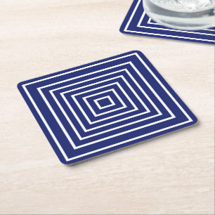 Modern navy blue & white squares geometric pattern square paper coaster