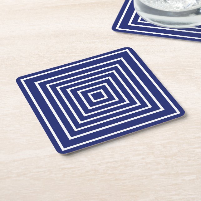 Modern navy blue & white squares geometric pattern square paper coaster (Angled)