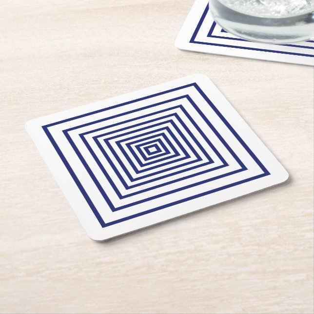 Modern navy blue white squares geometric pattern square paper coaster (Angled)