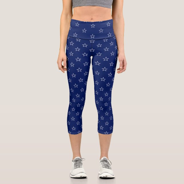 Modern navy blue white stars pattern stylish cute capri leggings (Front)