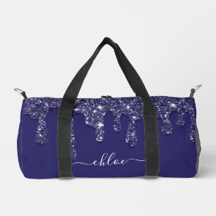 Modern Navy Blue White Stripe Glitter Dripping Duffle Bag
