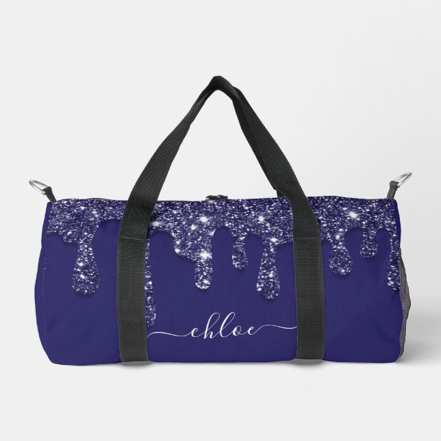 Modern Navy Blue White Stripe Glitter Dripping  Duffle Bag (Front)