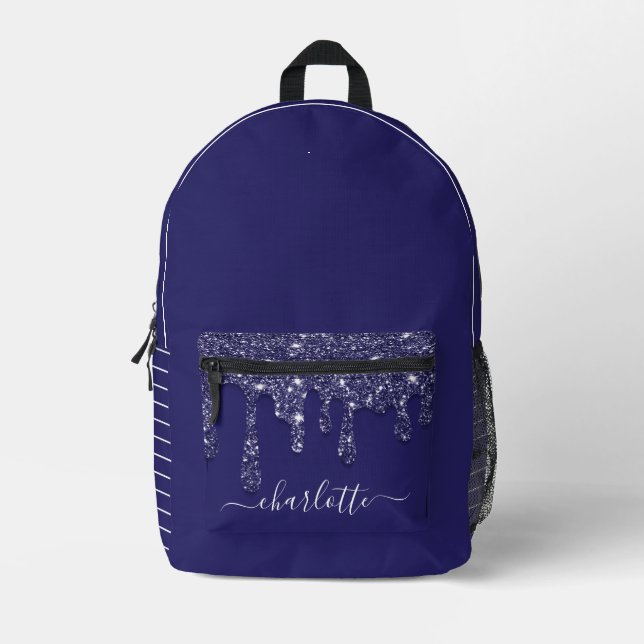 Modern Navy Blue White Stripe Glitter Dripping  Printed Backpack (Front)