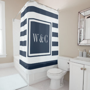 Modern Navy Blue White Stripe Trendy Monogram