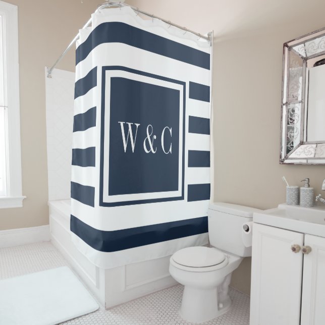 Modern Navy Blue White Stripe Trendy Monogram (In Situ)
