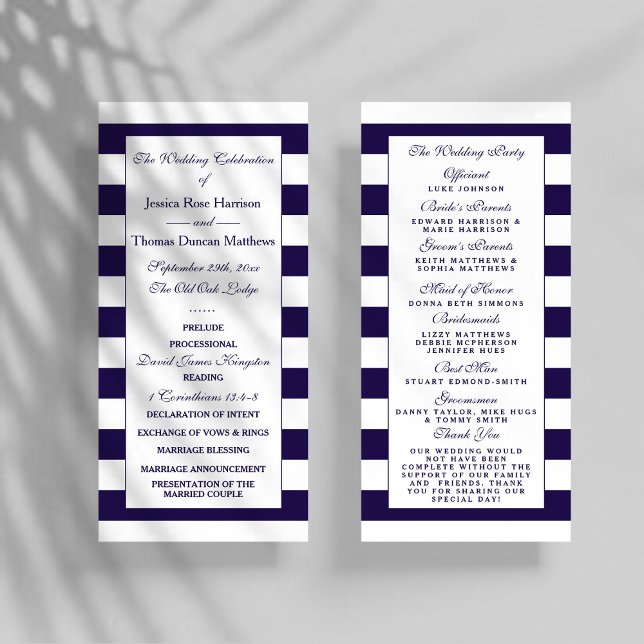 Modern Navy Blue & White Stripe Wedding Program (Creator Uploaded)