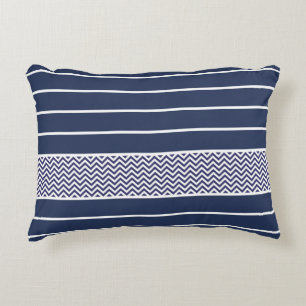 Modern Navy Blue White Stripes Chevron Pattern Accent Pillow