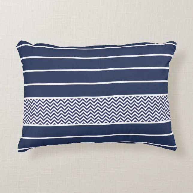 Modern Navy Blue White Stripes Chevron Pattern Accent Pillow (Front)
