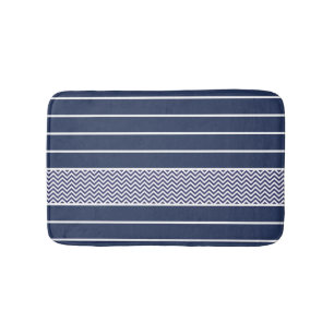 Modern Navy Blue White Stripes Chevron Pattern Bath Mat