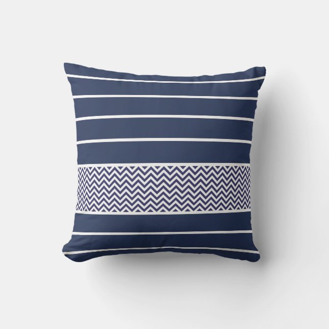 Modern  Navy Blue White Stripes Chevron Pattern Throw Pillow (Front)