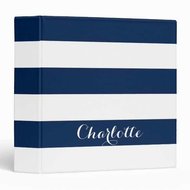 Modern navy blue white stripes custom script name  binder (Front/Spine)